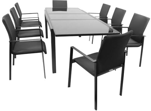 DEGAMO Gartenset Garnitur Torino 9-teilig (8X Stapelsessel, 1x Ausziehtisch 180/240x100cm), Alu anthrazit + Tischplatte Glas in schwarz, Outdoor