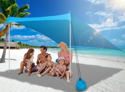 Schatten Zelt Tragbare Sun Shelter 2.1 x 2.1m, UPF 50+ Sonnensegel Windschutz Strand Zelt mit Sandsäcken Erdnägeln und Stabilitätsstangen fStrandzelt Sonnenschutz für Beach Fishing Camping Picknick