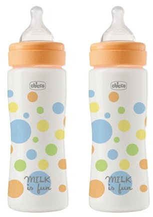 Chicco Set de 2 Biberones Perfect Easy Flujo Rápido, Biberón Anticólico, Reduce la Regurgitación y la Irritabilidad, Biberón de Plástico de 330 ml, Set de Regalo, Pack Ahorro, 4 Meses+, Bebé Niño
