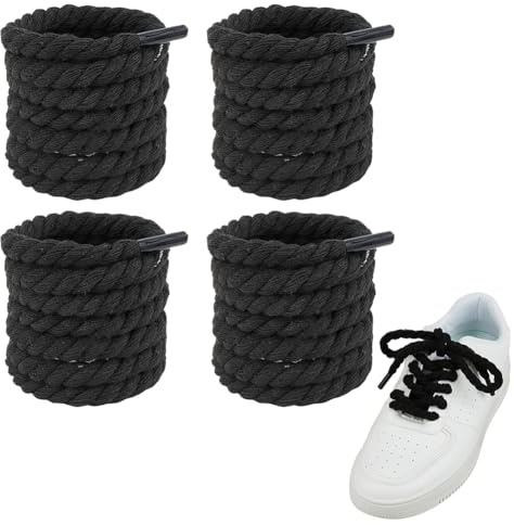 SUPERFINDINGS 4 Pairs Black Round Shoelaces 8mm in Diameter Work Boot Laces Heavy Duty Work Shoe Laces Cotton Outdoor Shoelaces Replacement Shoe Strings for Boots Sneakers, Length:120cm
