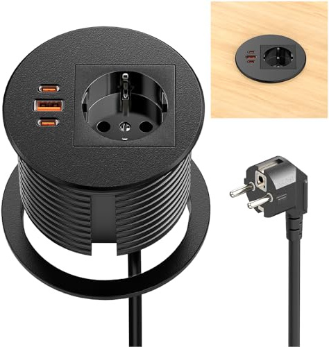 Einbausteckdose mit USB-C PD 35W & USB-A 30W, Sewingvr Tischsteckdose für Küche & Büro, Versenkbare Steckdose mit 3 USB-Anschlüssen und 1,8m Kabel, Schwarz