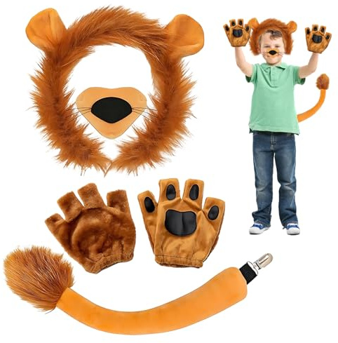 Lion Costume Kids, Lion Ears Headband with Tail and Gloves, Lion Costume for Adults and Kids, Lion Mask Alternative for Halloween Party, School Play and Themed Events