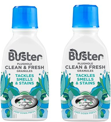 Buster Plughole Clean & Fresh Granules (Eucalyptus - Pack of 2 x 300g) Fast-Acting Dishwasher & Washing Machine Cleaner & Sink and Drain Cleaner for Bad Smells and Stains, Fresh Scent - Made in UK