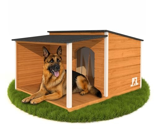 Outentin Hundehütte Isoliert Winterfest XL - Hundehaus mit Flachdach & Terrasse Für Große Hunde - Stabile Hütte für Draußen - Wetterfest Haus mit Wärmedämmung - 123 x 105 x 73 cm - Eiche
