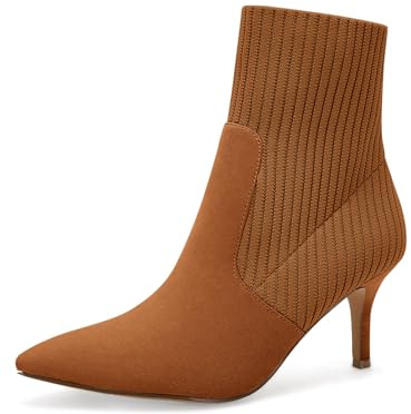 Coutgo Women's Pointed Toe Ankle Boots Stiletto Kitten Heel Knit Faux Suede Winter Sock Booties, Brown Suede, 4 UK