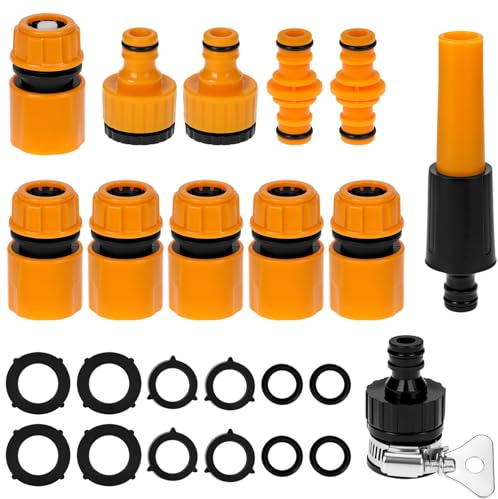QWORK® Raccord tuyau arrosage jardin, raccords rapides pour tuyaux d'irrigation set avec buse, arrêt d'eau, raccord de robinet universel, connexion 2-en-1 de 1/2 pouce et 3/4 pouce
