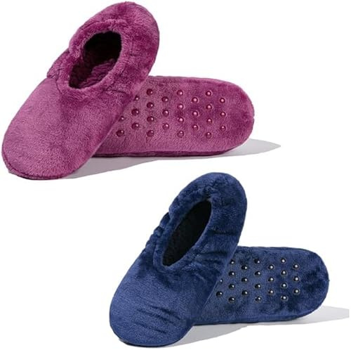 GLENMEARL 2 Pairs Slipper Socks for Women with Grippers Non Slip Soft Sole Winter Warm Slippers (Purple+Navy, Adult, Women, 5, Numeric Range, US Footwear Size System, 7, Medium)