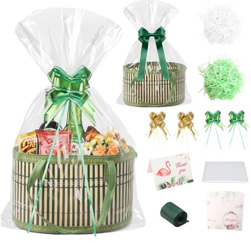 2 Stück Präsentkorb Leer 30×20×20 cm Faltbarer Geschenkkorb Leer Groß | aus Bambus Und Holz Korb für Geschenke mit Transparenten Verpackungsbeuteln Bändern für Geschenkgeben Weihnachten Geburtsta