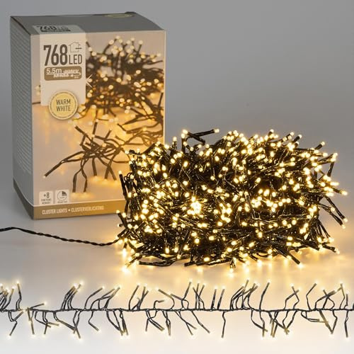 ECD Germany LED Cluster Lichterkette 5,5 m 768 LEDs Warmweiß mit Timer und 8 Leuchtmodi, strombetrieb, IP44, Innen/Außen, Weihnachtsbeleuchtung Weihnachtsbaum Büschel Lichterkette Büschellichterkette