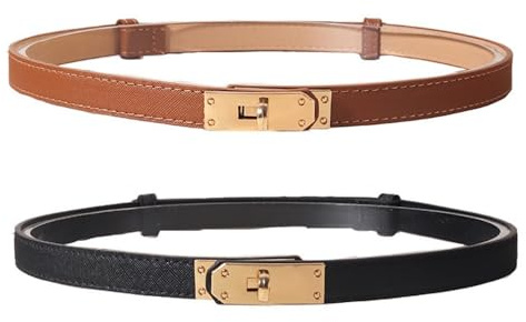 Damen Gürtel 2 Stück, Verstellbar ohne Löcher mit Drehverschluss, 1.8cm Schmales PU-Material, Schwarz & Hellbraun, für Kleider & Jeans