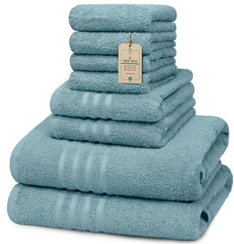 HomeBurg Core 8Mix Cotton Towel Set –Washcloths (12 x 12 in), Hand Towels (16 x 28 in) & Bath Towels (27 x 54 in) – Soft, Absorbent & Comfortable for Everyday Use (Soft Teal)