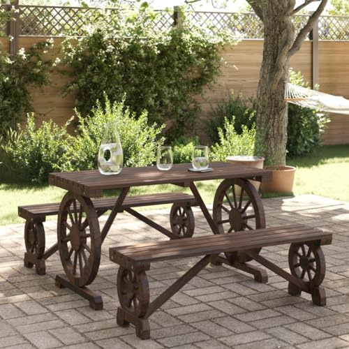 Ziaphsol 3-Piece Garden Dining Set, Solid Wood Fir Wood, 115 cm Table, 2 Benches, Trolley Wheel Design, Moisture-Resistant, for Patio, Balcony, Garden