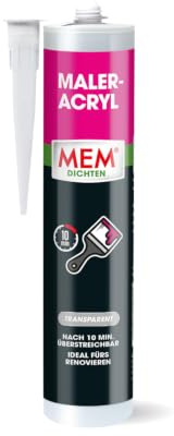 MEM Maler-Acryl Für Renovierungsarbeiten und zum Abdichten | Innen und außen anwendbar - Überstreichbar - Überputzbar - Gebrauchsfertig - Lösemittelfrei - Transparent - 300 ml Kartusche