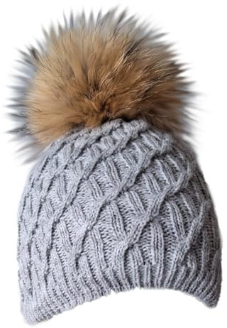MERRYLAND Mütze Echtfellbommel Grau Pudelmütze ECHTFELL Bommelmütze Hat Real Fur Pompom Beanie Fellbommel Echt Fell Strickmütze Bommel Pelzbommel Pelz