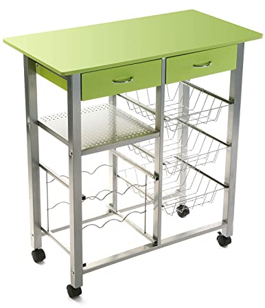 Versa Leicester Küchenwagen mit Rädern, Schubladen und Flaschenregal, Gemüsehändler, Küchenablage, Maßnahmen (H x L x B) 82 x 40 x 76 cm, Holz und Metall, Farbe: Grün