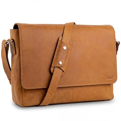 TALED Bolso para hombres y mujeres | Bolso de portátil de cuero genuino 15.6 | Bolso bandolera con correa para el hombro | Bolsa de mensajero | Bolsa de trabajo | Bolsa de profesor | Marrón Claro