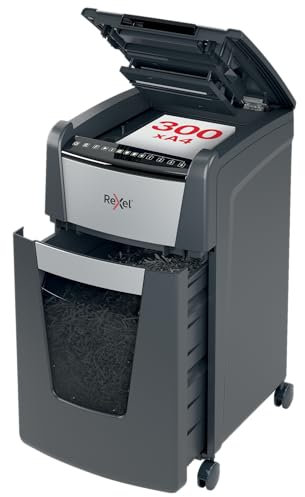 REXEL Optimum Auto Feed+ 300X, Distruggidocumenti Automatico, 300-330 Fogli (80-70 gr/mq), Taglio a Frammento, Livello di Sicurezza P-4, per l’Ufficio, Capacità 60 Litri, con Ruote, 2020300XEU