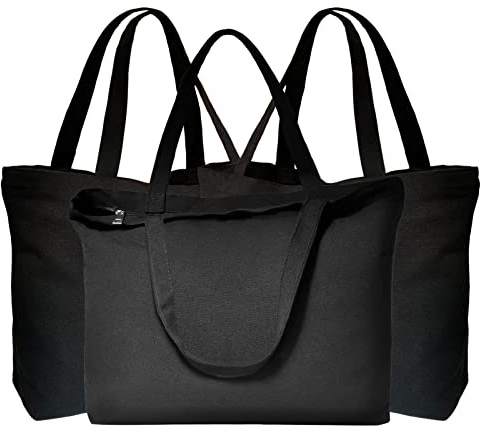 KOOLMOX 3 Pcs 12oz Heavy Duty Zippered Canvas Tote Bags with Long Handles and 3.9'' Bottom, Machine Washable & Reusable, Canvas Bags for Crafts, Groceries, Shopping, 16x13x3.9''