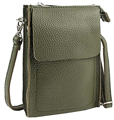 OBC Made in Italy Damen Leder Smartphone Tasche Schultertasche Handytasche Minibag Umhängetasche Geldtasche Ledertasche Crossbody Abendtasche Olivgrün