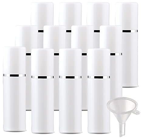 ZEOABSY 12 Piezas NO Recargable 30 ml Airless Botella de Bomba de Loción Blanco con Cinta Plata, 30ml Vacío Dispensador de Envase de Botella Cosmética para Gel Cremas - SIN Tubos INTERNOS