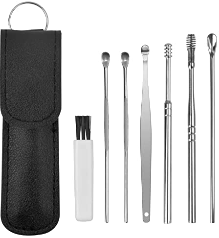 6 Piezas Earpick, Limpiador de Oídos de Acero Inoxidable, Herramientas de Limpieza de Oídos, Removedor de Cera de Oído, Ear Wax Removal con un Estuche de Cuero Negro para Niños y Adultos