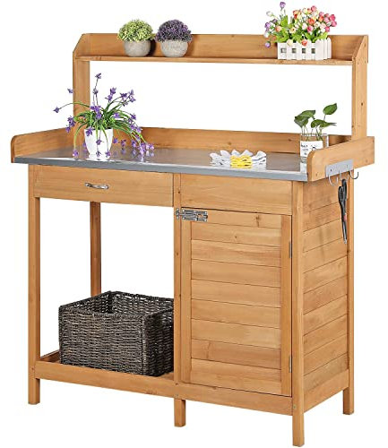 Yaheetech Garden Potting Table Wood Planting Workbench Table w/Cabinet & Drawers Metal Surface Workstation with Hooks/Shelf for Patios Yard Lawn-Wood