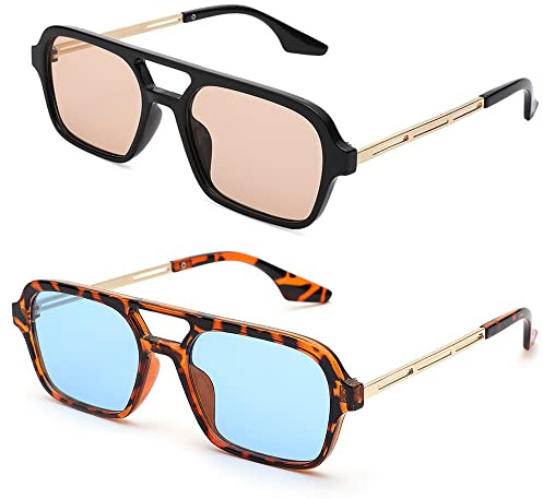 Pro Acme Vintage 70s Flat Pilot Aviator Sunglasses for Women Men,Small Frame Square Sunglasses UV400 Protection Shades (Black Frame | Brown Lens & Leopard Frame | Blue Lens