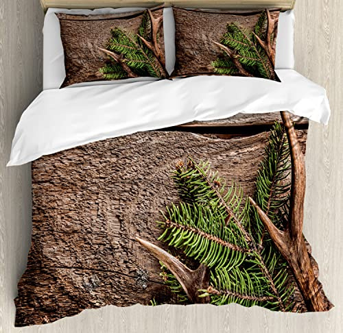 Ambesonne Antlers Duvet Cover Sets, Evergreen Branch Deer Antler Against Rustic Wooden Background Print, Bedding Set with 2 Duvet Covers & 4 Pillowcases, 2 Pack Queen Size, Fern Green