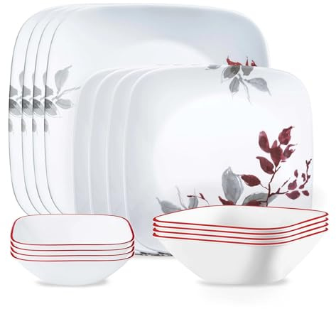 Corelle Kyoto Leaves 16pc, Service for 4, Dinnerware Set, 8 Plates Bowls, Chip & Break Resistant, Dinner and Corelleware White