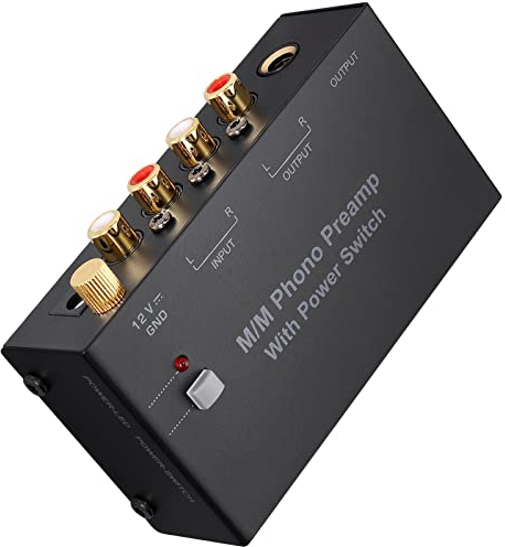 LiNKFOR Preamplificatore Phono MM con Interruttore Preamplificatore per Giradischi a Basso Rumore, Ingresso/Uscita RCA, Uscita TRS ¼, con Adattatore 3.5mm a 6.35mm, Alimentatore 12V DC, per Vinili