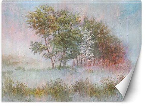 Feeby Carta Da Parati Prato Natura Alberi 250x175 cm multicolore XXL Decorazione Fotomurali Tessuto Non Tessuto Soggiorno Camera da letto Moderne Design Nebbia Piante Cielo