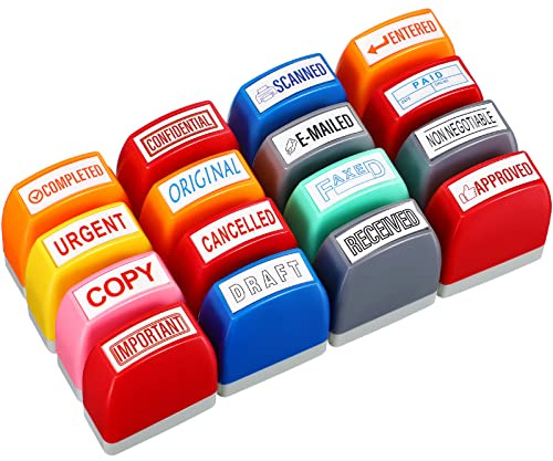 Crtiin 16 Pcs Office Stamp Set Message Self Inking Rubber Stamp Set for Office Stamps Completed Faxed Scanned Stamps for Message Supplies(Mixed Colors)