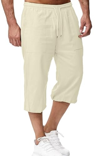 LVCBL Herren 3/4 Shorts Leinen mit Kordelzug Home Wear Beige L