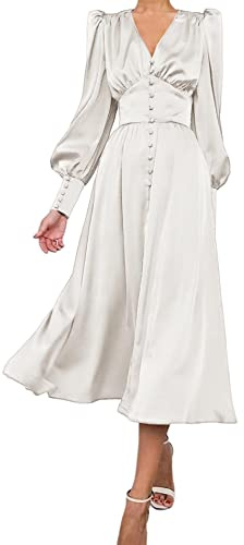 xxxiticat Damen Satin Midikleid Langarm Vintage Puffärmel Maxikleider Rüschen Einreihig Knopfleiste Einfarbigkleid (WH,L)