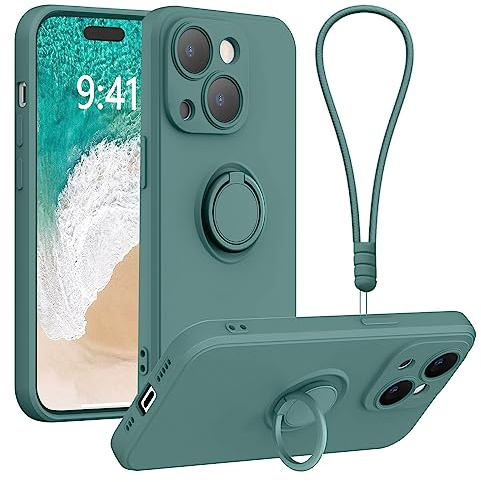Galful iPhone 14 Case with 360° Ring Holder Kickstand, Magnetic Car Mount, Wrist Strap, Flexible Silicone, Shockproof Cover, Army Green