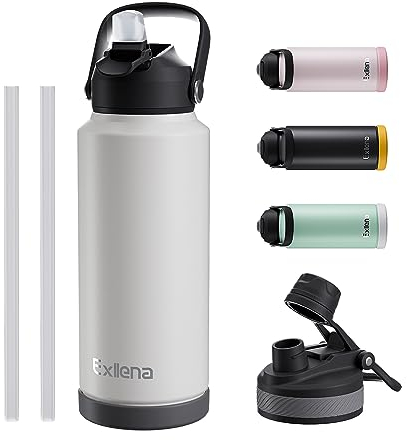Exllena Edelstahl Trinkflasche, 1L Isolierte Wasserflasche mit Strohhalm, Thermosflasche mit 2 Deckeln für Sport, Fitness, Outdoor und Freizeit, Auslaufsicher und BPA Frei (Beige)