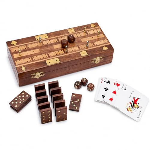 Ajuny 3 in 1 Holz Spielset Cribbage, Domino & Würfel – Handgefertigtes Reisespiel mit 28 Dominosteinen, 5 Holzwürfeln, 6 Metallstiften, Spielkarten & Aufbewahrungsbox mit Messingeinlage