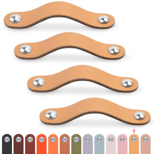 LEREATI Ledergriffe für Möbel 4 Stück Schrankgriffe mit Schrauben Möbelgriffe Vintage Schubladengriff Knöpfe Möbelgriff Kunstleder für Küchenschränke Schränke Bad (Beige, für 96mm Loch Mitte)