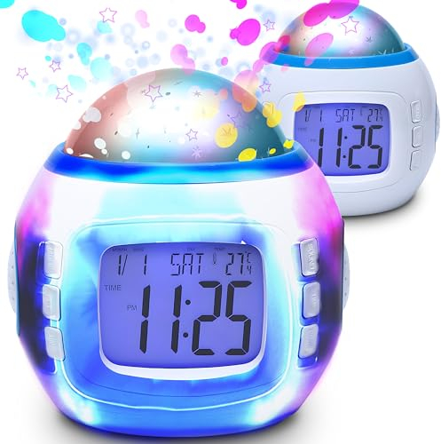 Retoo Proiettore a cielo stellato, sveglia digitale, mini sveglia per bambini, con 8 melodie, con visualizzazione del calendario
