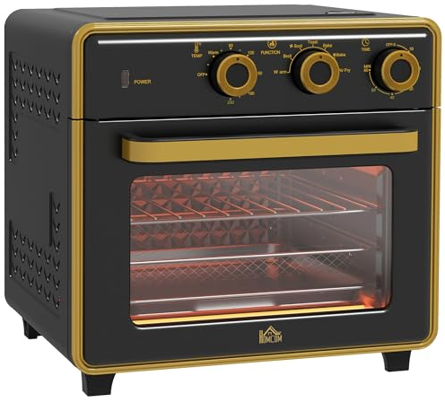 HOMCOM Mini-four 20L, four à pizza 5 en 1 y compris jeu de plaques de cuisson, panier à friture, plateau ramasse-miettes, minuterie 1 heure, 90-230℃, 1400 W Mini-four électrique à convection, noir