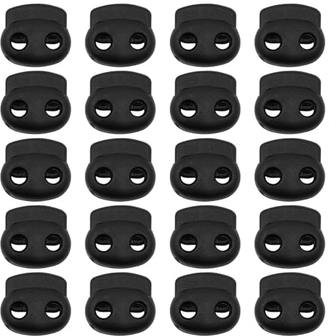 Tiardey 20er-Pack Knebel für Kordeln, Kordel, schwarz, Doppellöcher, federbelasteter Kunststoff, runde Kordelenden, Stopper, Verschluss, ovale Knebelverschlüsse