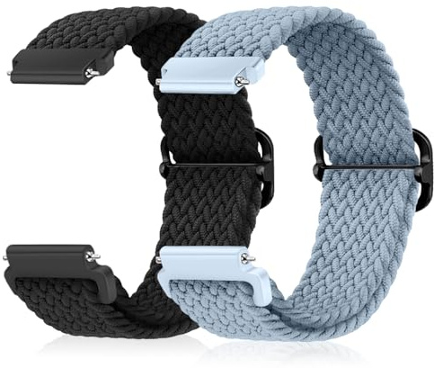 CeiBand 2 stycken flätat Solo Loop elastiskt armband, 20 mm 18 mm 22 mm snabb justerbar män kvinnor nylon mjukt ventilerande sportband klockarmband ersättningsarmband – svart ljusblå