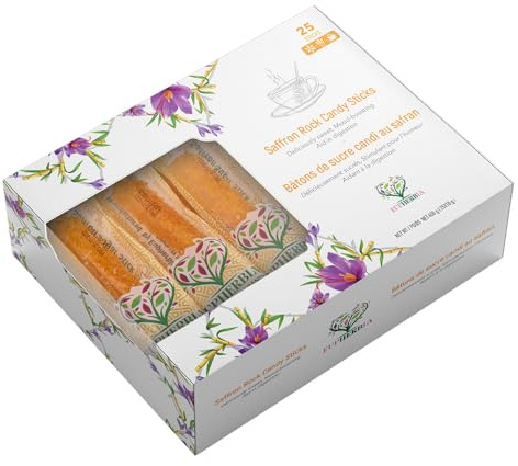 EUPHERBIA Saffron Rock Candy Sticks, 25 Pack, Pure Crystalline Elegance, Handcrafted Sweetness, Sugar Rock Candy (Nabat) Infused with Pure Grade A+ Saffron Threads, Ideal for Tea, Coffee, Milk, and All Your Favorite Hot Beverages, 16Oz, 450 Gram (25x18g)