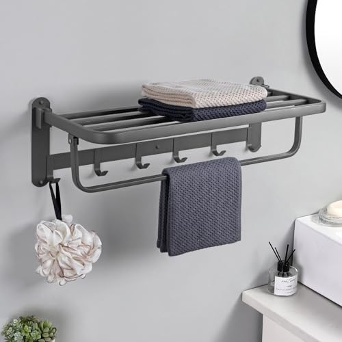 JiGiU 60CM Porte-Serviettes Pliante Gris Porte Serviette de Salle de Bains Murale Pliable 2 Étagère en Acier Inoxydable Barre de Serviettes avec 6 Crochets