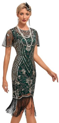 FYMNSI 20er Jahre Kostüm Damen Charleston Kleid, Roundhals Pailletten Fransen Kleid 1920er Jahre Vintage Gatsby Kleid für Faschingskostüm Moto Party Festliches Festkleid Grün Gold M