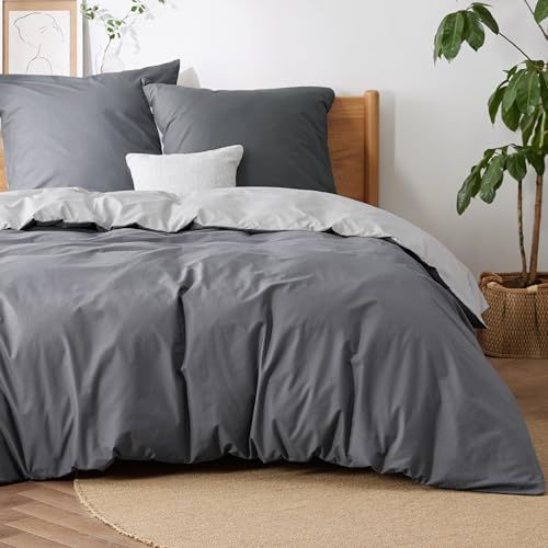 BEDSURE Ropa de cama 220x240 Antracita Gris - Juegos de ropa de cama de algodón 220 x 240 cm ropa de cama reversible de 3 piezas con 2 fundas de almohada 80x80 cm, Oeko-TEX funda nórdica bicolor con
