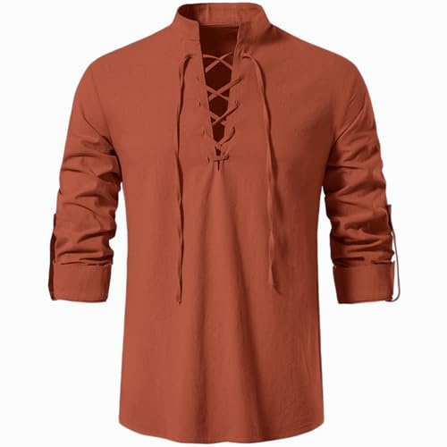 Rodawu Mens Linen Shirts Drawstring Henley Cotton Medieval Tunic Viking Top