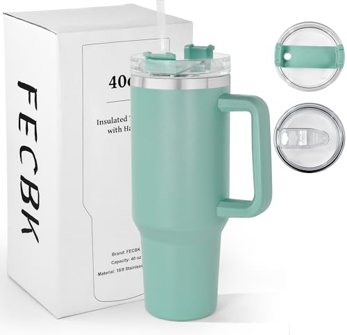 FECBK 40oz Tumbler with Straw and Lid 1.2L, 100% Leak-Proof Travel Mug with Handle, Stainless Steel Vacuum Insulated Water Bottle Coffee Cup Keeps Cold 34H / Hot 12H, Teal