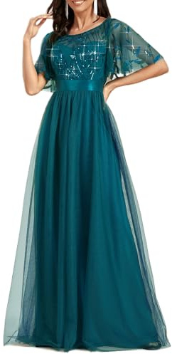 Ever-Pretty Damen Abendkleid A-Linie Spitze Kurze Ärmel Partykleid lang 00904