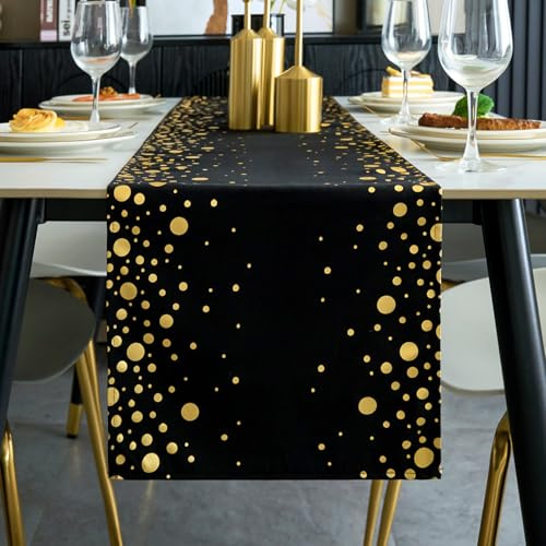 Tischläufer Schwarz und Gold 30 x 183 cm Polyester Tischdeko Tischläufer mit Goldenen Punkten Tischdekoration für Hochzeit Geburtstag Party Urlaub Weihnachten